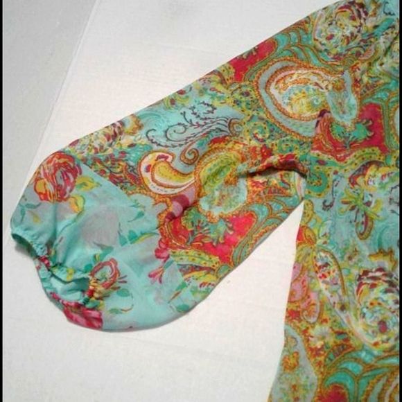 Anthropology Fig and Flower Aqua Mixed Floral Sheer Boho Top - Picture 5 of 7